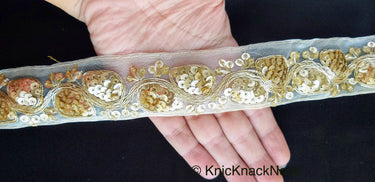 Light Beige Art Silk Fabric Trim With Gold Embroidery and Gold Sequins, Approx. 41mm Wide - 210119L171